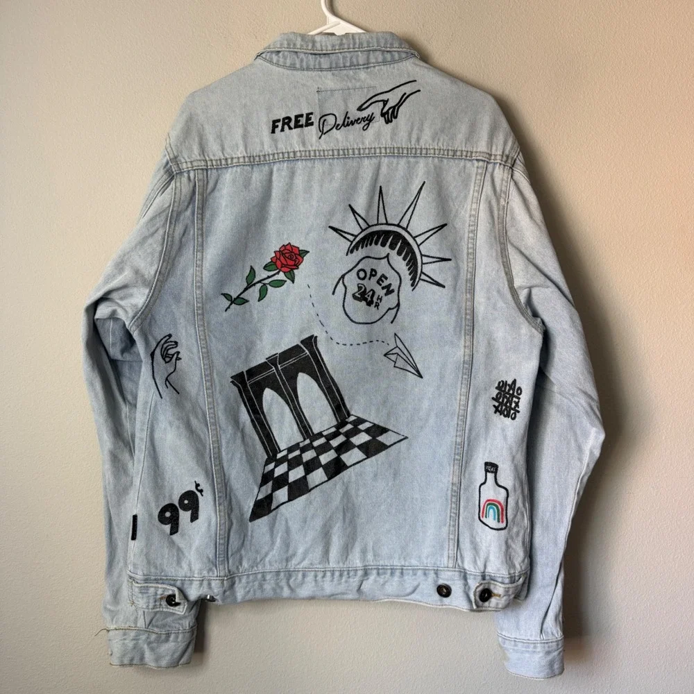 Brooklyn Cloth Mens NYC Graphic Doodle Denim Jacket Light Wash Blue Large